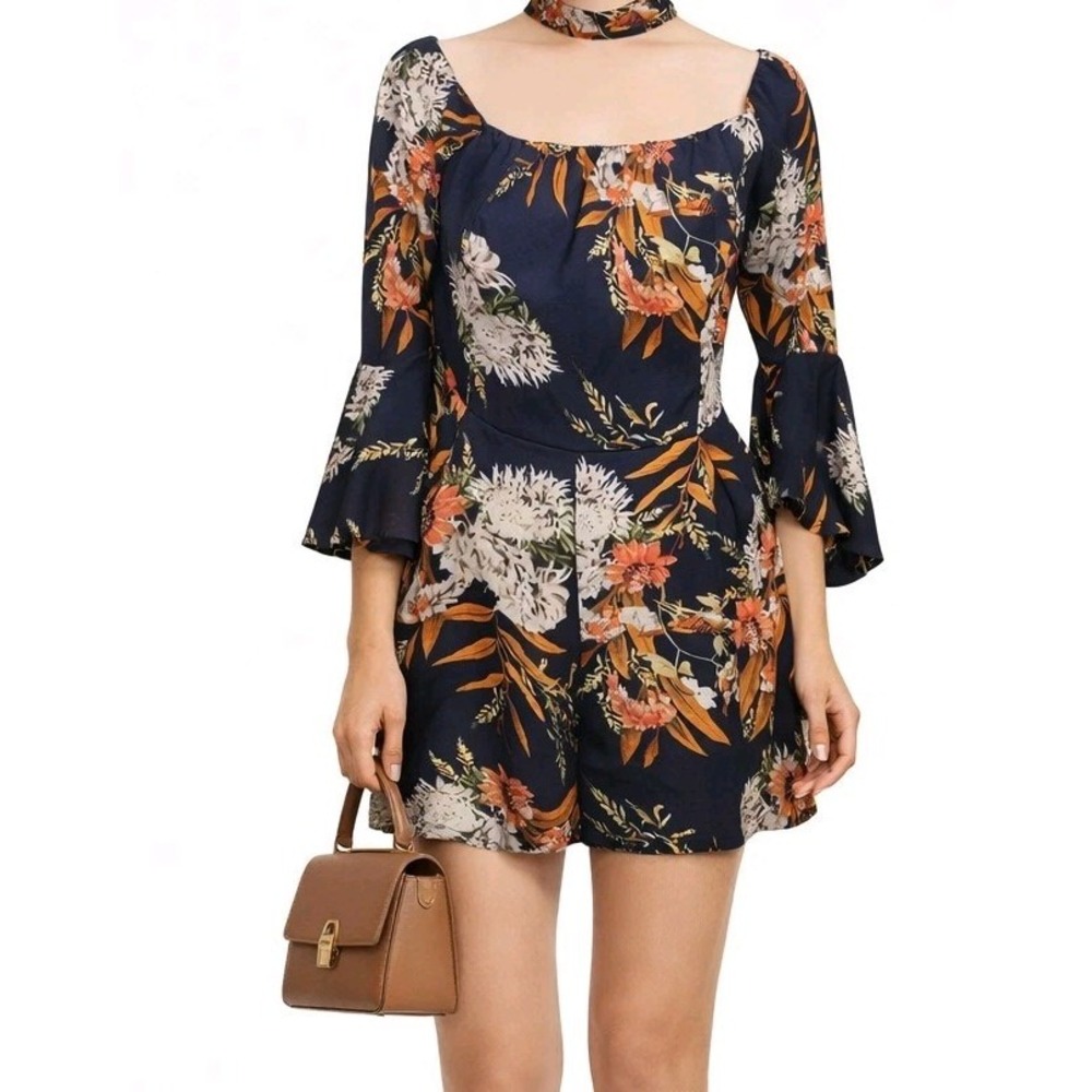 Black Floral Bell Sleeve‎ Choker Neck Romper Womens Sx Large Fairy Boho Vacation